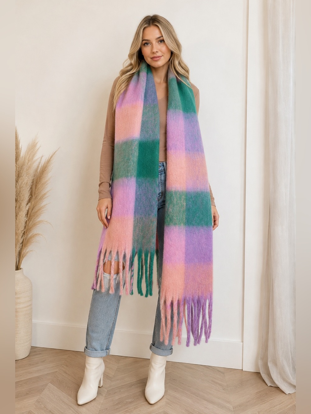 Mohair Scarf Pastel Rainbow Pink Purple Green – Soft Cozy Oversized Fringe Wrap